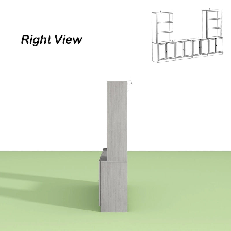 Meuble TV gris imitation bois avec portes en verre et étagères de rangement