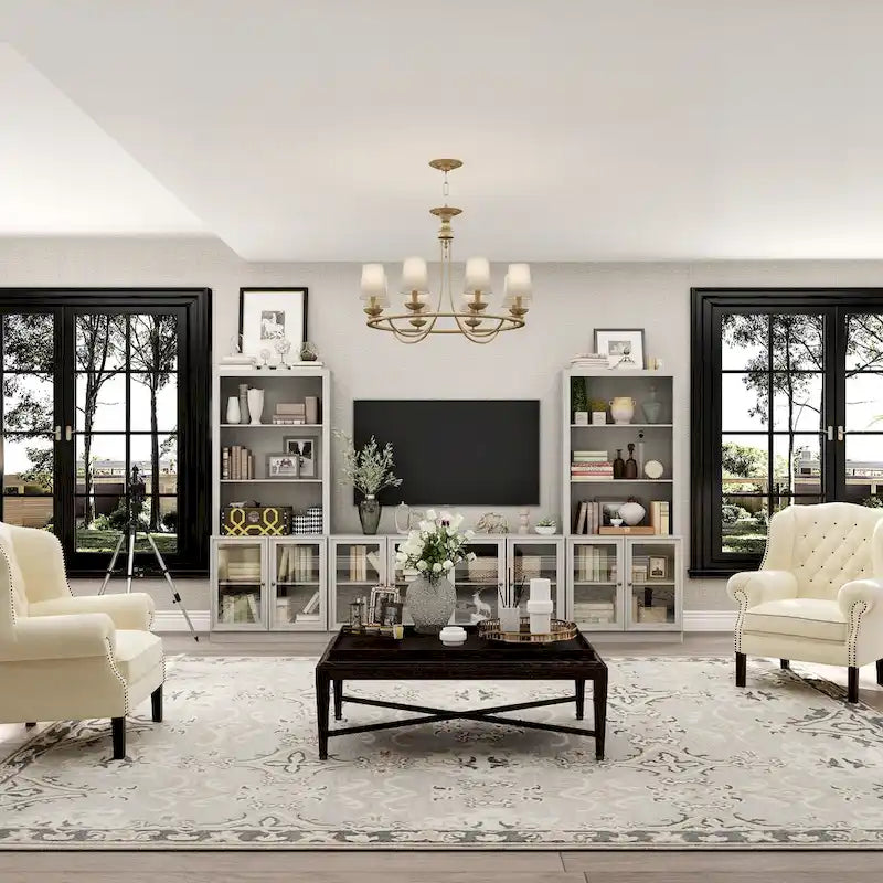 Meuble TV gris imitation bois avec portes en verre et étagères de rangement