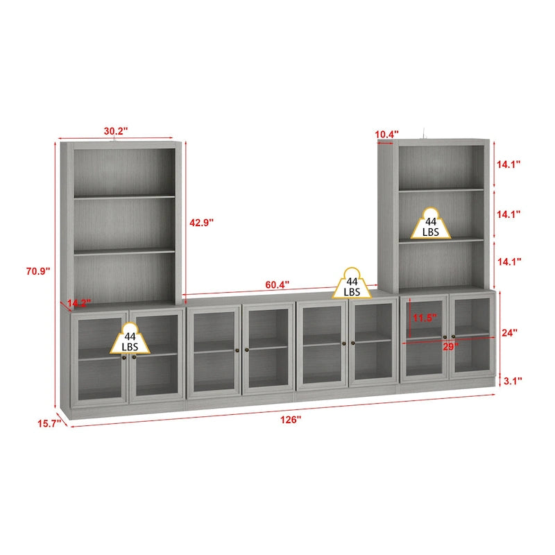 Meuble TV gris imitation bois avec portes en verre et étagères de rangement