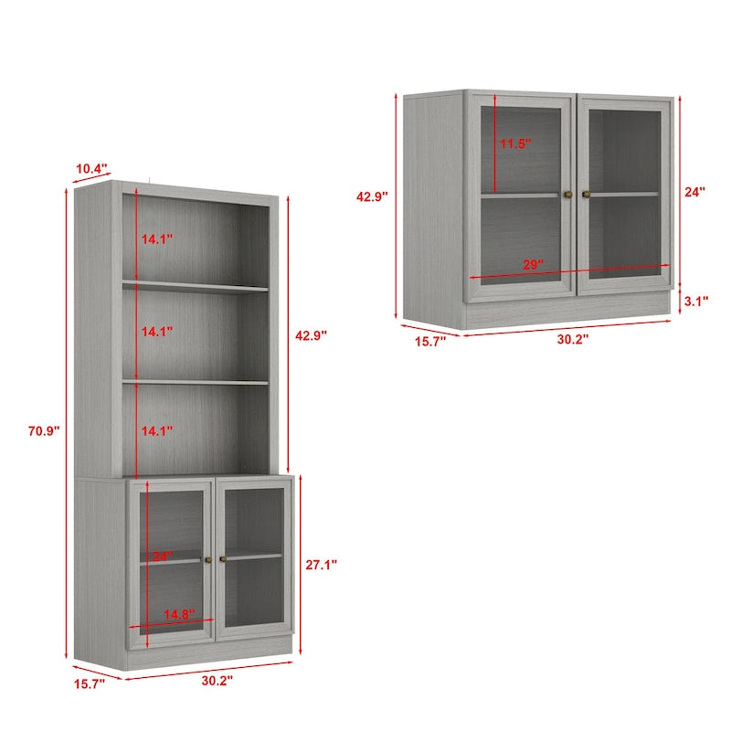 Meuble TV gris imitation bois avec portes en verre et étagères de rangement