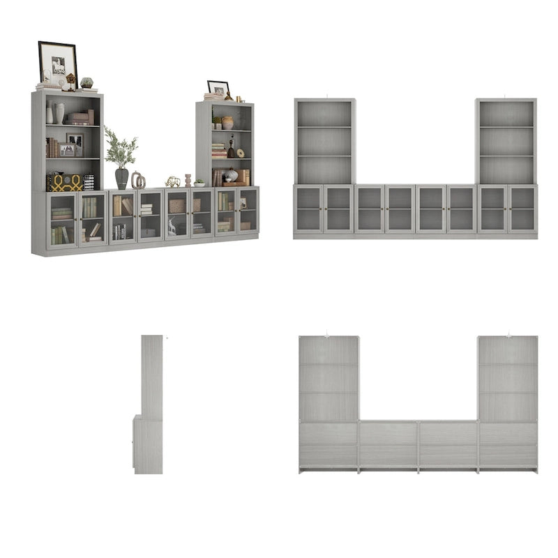 Meuble TV gris imitation bois avec portes en verre et étagères de rangement