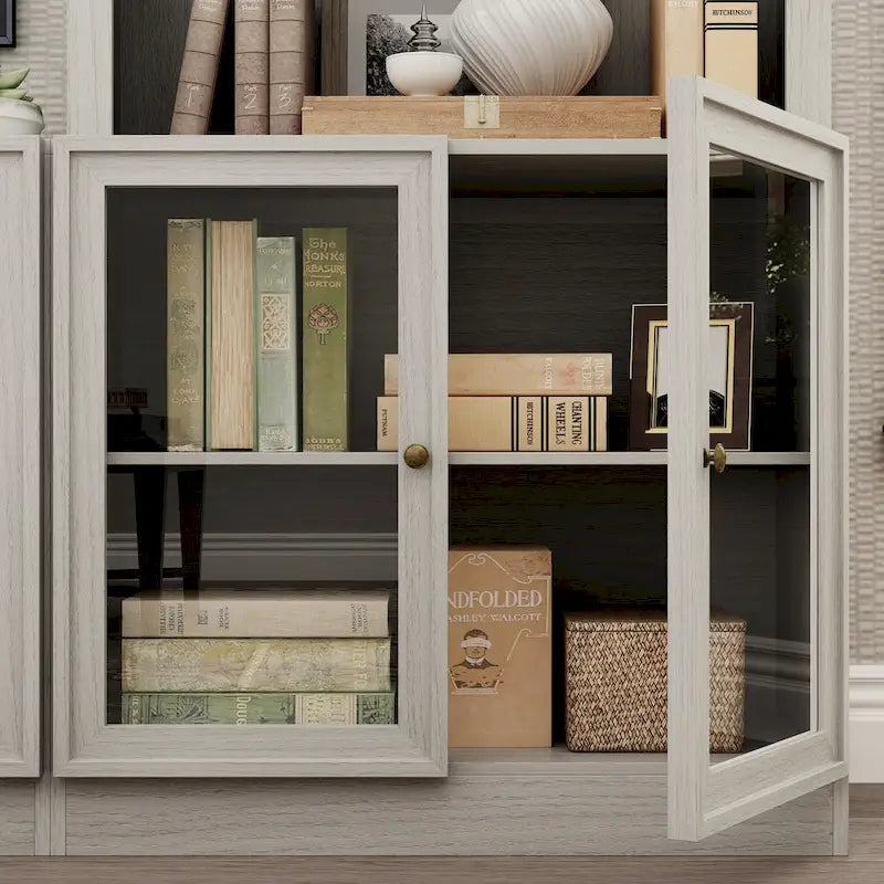Meuble TV gris imitation bois avec portes en verre et étagères de rangement
