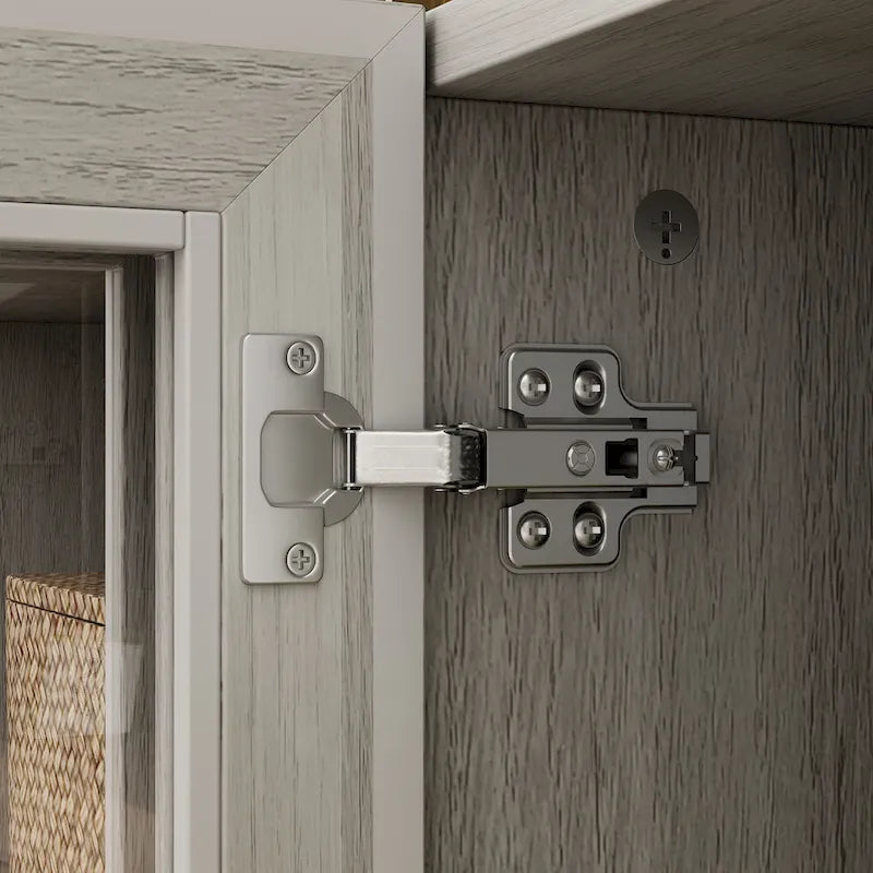 Meuble TV gris imitation bois avec portes en verre et étagères de rangement