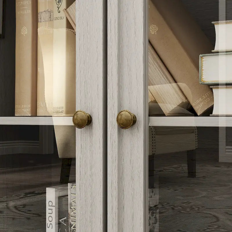 Meuble TV gris imitation bois avec portes en verre et étagères de rangement