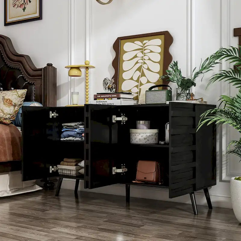 Black Embossed Wave Sideboard Cabinet with Tapered Solid Wood Legs