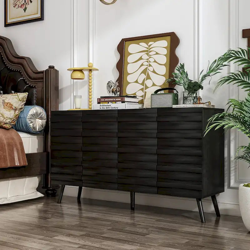 Black Embossed Wave Sideboard Cabinet with Tapered Solid Wood Legs