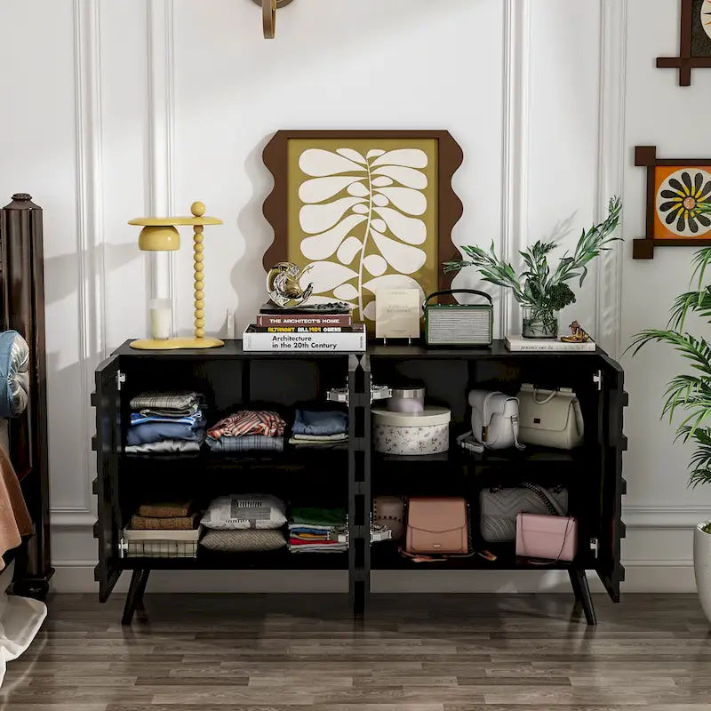 Black Embossed Wave Sideboard Cabinet with Tapered Solid Wood Legs