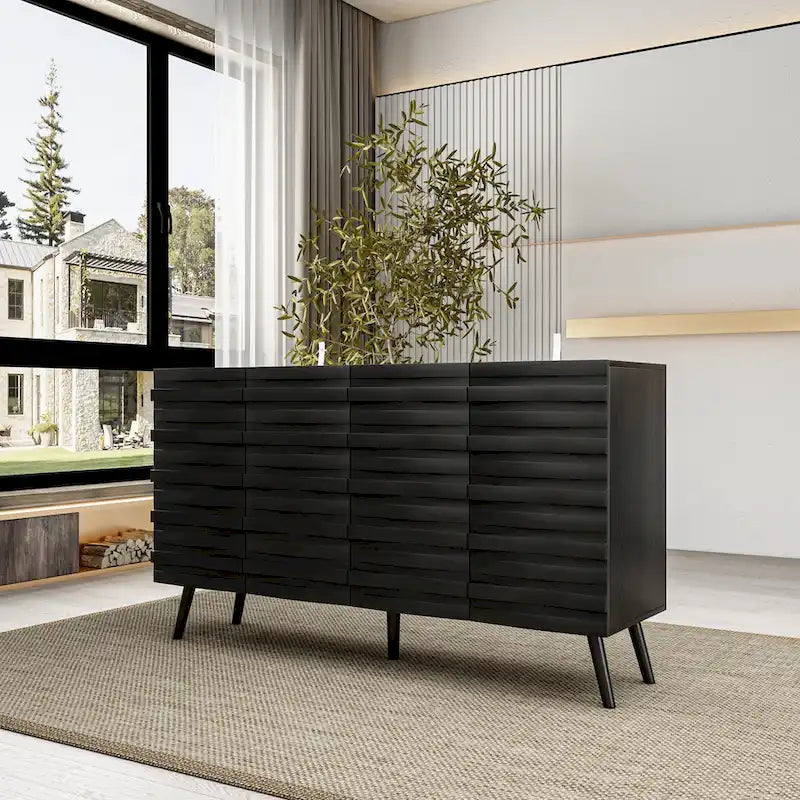 Black Embossed Wave Sideboard Cabinet with Tapered Solid Wood Legs