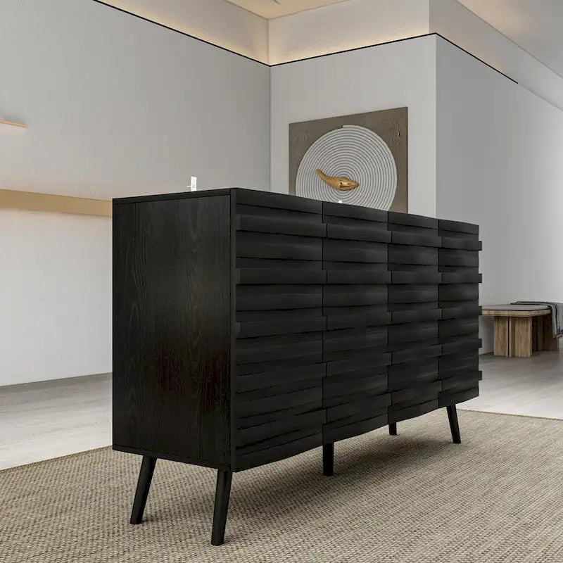 Black Embossed Wave Sideboard Cabinet with Tapered Solid Wood Legs