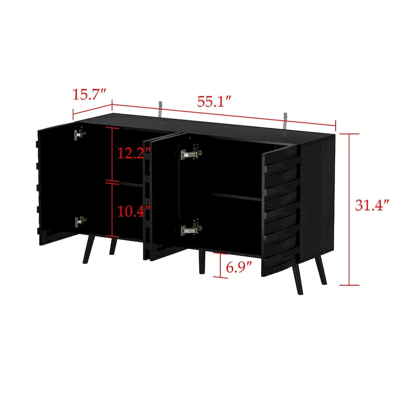 Black Embossed Wave Sideboard Cabinet with Tapered Solid Wood Legs