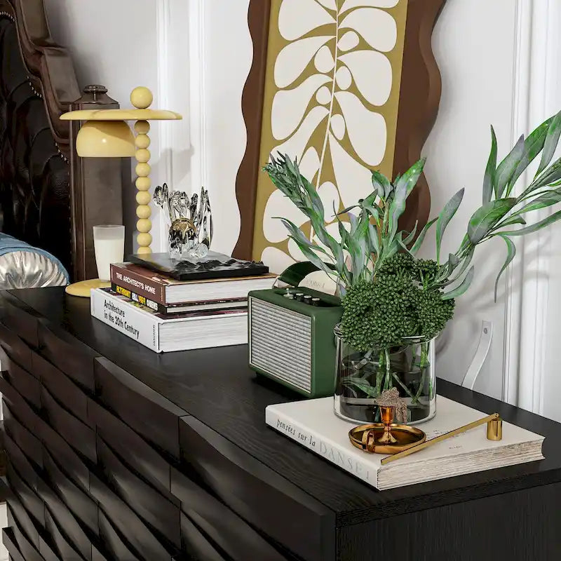 Black Embossed Wave Sideboard Cabinet with Tapered Solid Wood Legs