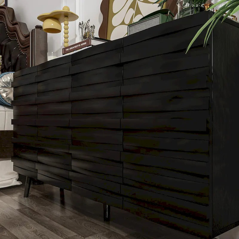 Black Embossed Wave Sideboard Cabinet with Tapered Solid Wood Legs