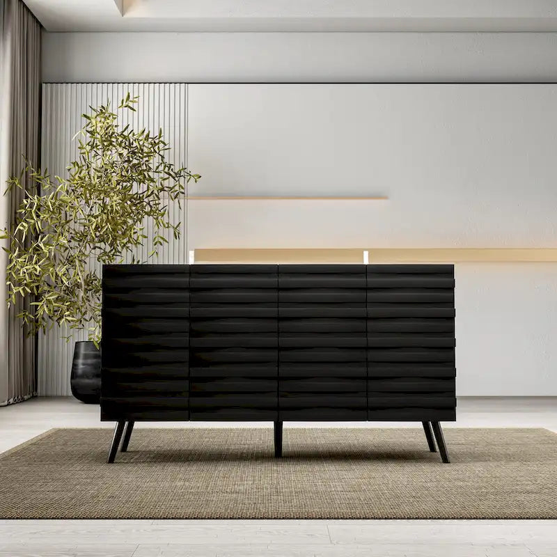 Black Embossed Wave Sideboard Cabinet with Tapered Solid Wood Legs
