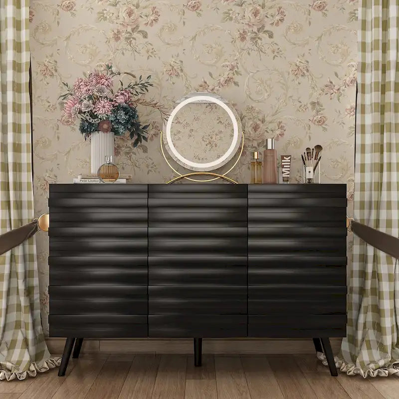 Black Embossed Wave Sideboard Cabinet with Tapered Solid Wood Legs