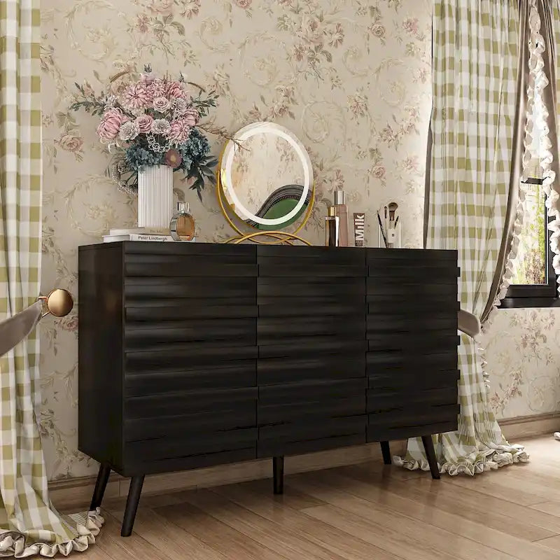 Black Embossed Wave Sideboard Cabinet with Tapered Solid Wood Legs