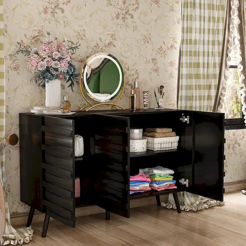Black Embossed Wave Sideboard Cabinet with Tapered Solid Wood Legs
