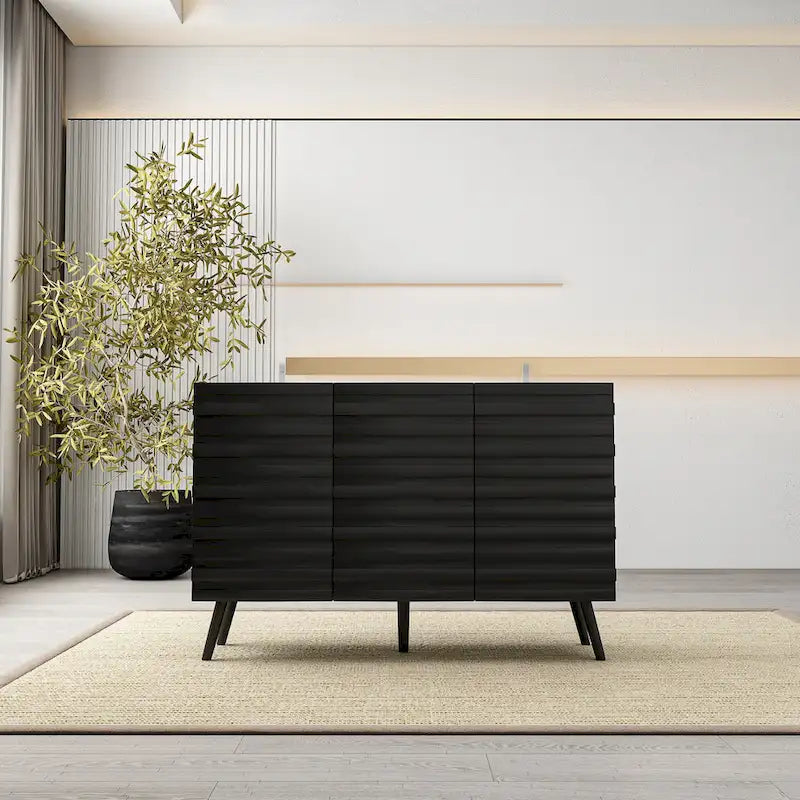 Black Embossed Wave Sideboard Cabinet with Tapered Solid Wood Legs