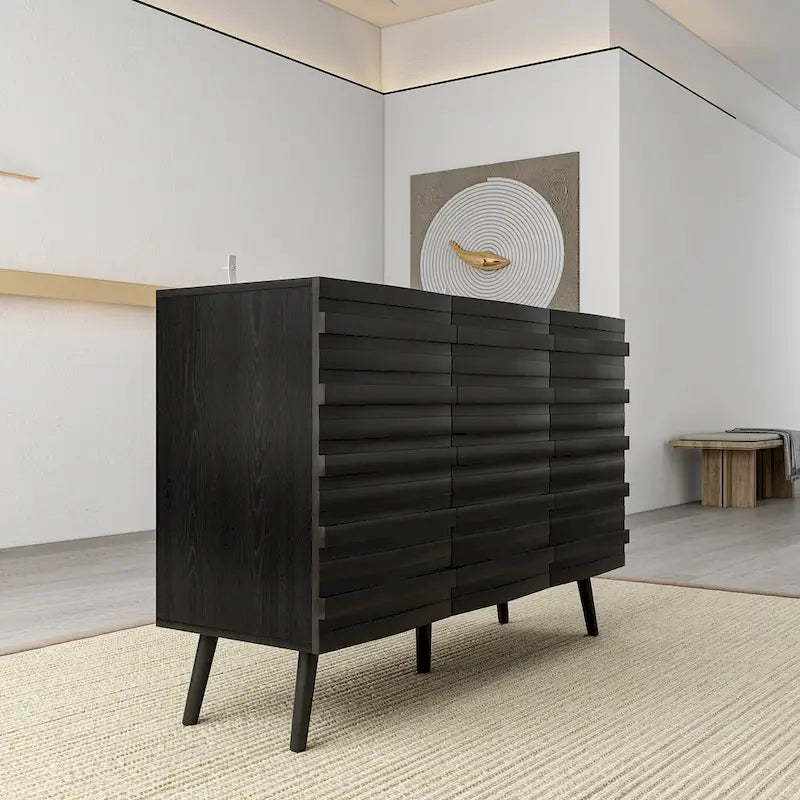 Black Embossed Wave Sideboard Cabinet with Tapered Solid Wood Legs