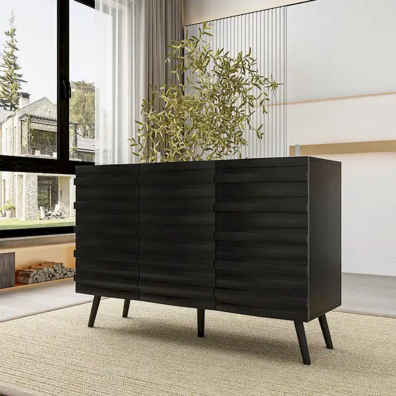 Black Embossed Wave Sideboard Cabinet with Tapered Solid Wood Legs