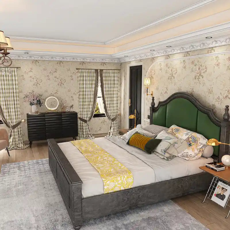 Black Embossed Wave Sideboard Cabinet with Tapered Solid Wood Legs