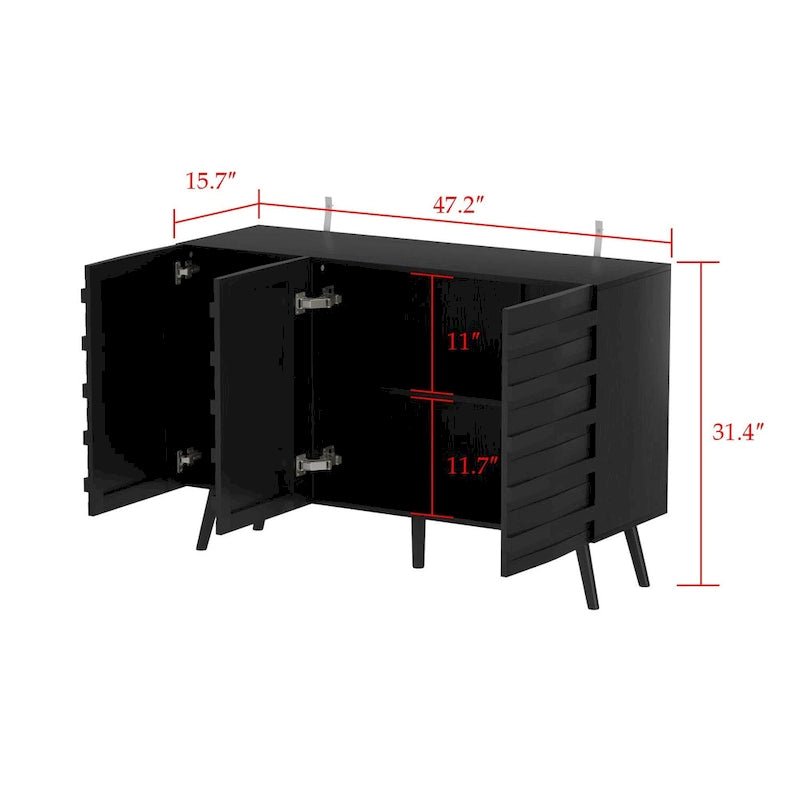 Black Embossed Wave Sideboard Cabinet with Tapered Solid Wood Legs