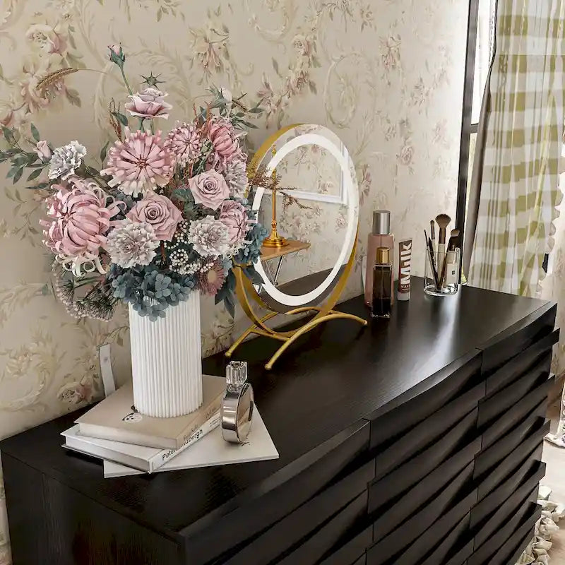 Black Embossed Wave Sideboard Cabinet with Tapered Solid Wood Legs