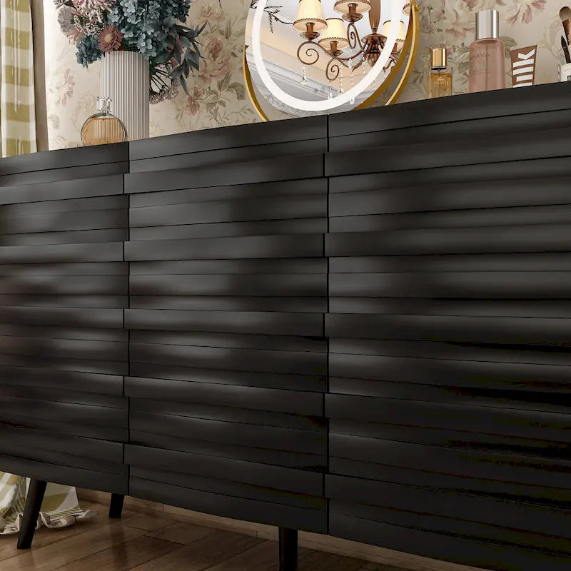 Black Embossed Wave Sideboard Cabinet with Tapered Solid Wood Legs