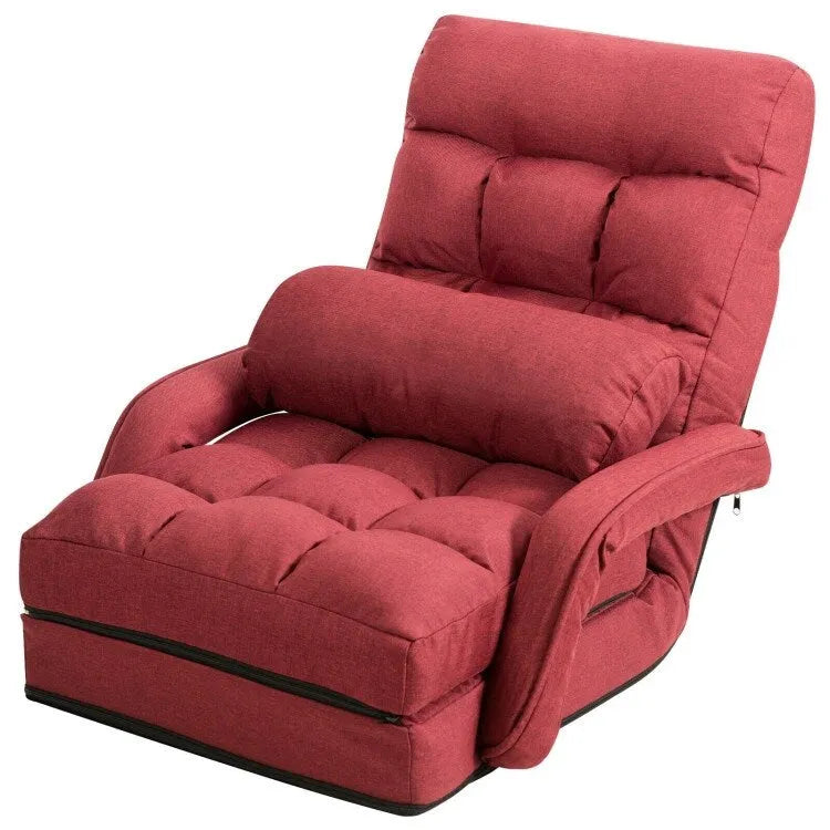 Foldable Adjustable Floor Lounge Chair with Armrests Lumbar Pillow Red
