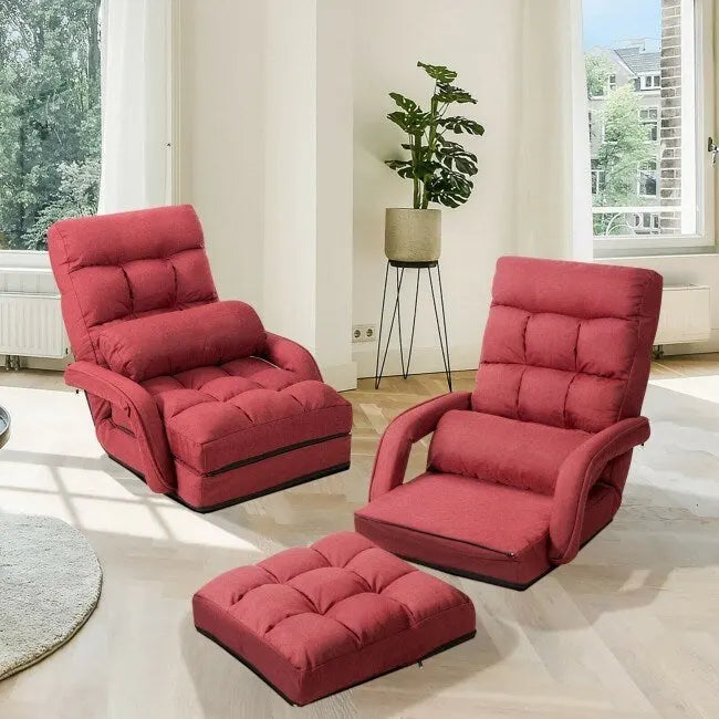 Fauteuil de sol pliable et réglable avec accoudoirs, coussin lombaire, rouge