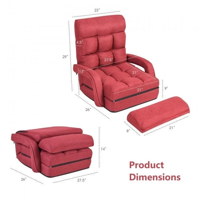 Foldable Adjustable Floor Lounge Chair with Armrests Lumbar Pillow Red