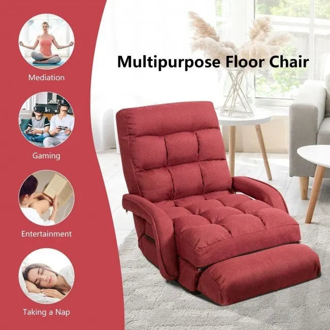 Foldable Adjustable Floor Lounge Chair with Armrests Lumbar Pillow Red