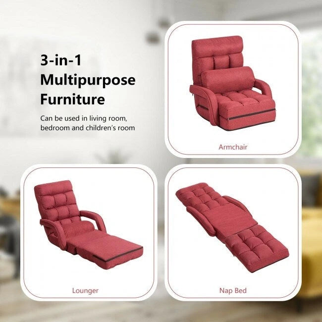 Foldable Adjustable Floor Lounge Chair with Armrests Lumbar Pillow Red