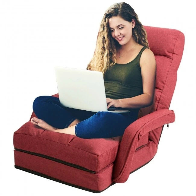 Fauteuil de sol pliable et réglable avec accoudoirs, coussin lombaire, rouge