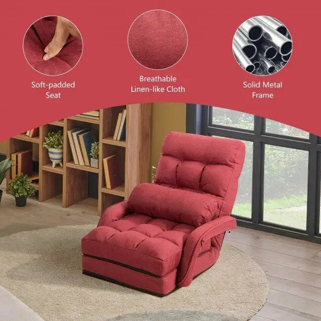 Fauteuil de sol pliable et réglable avec accoudoirs, coussin lombaire, rouge