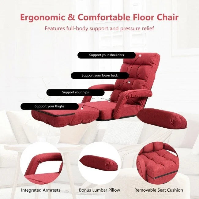 Fauteuil de sol pliable et réglable avec accoudoirs, coussin lombaire, rouge