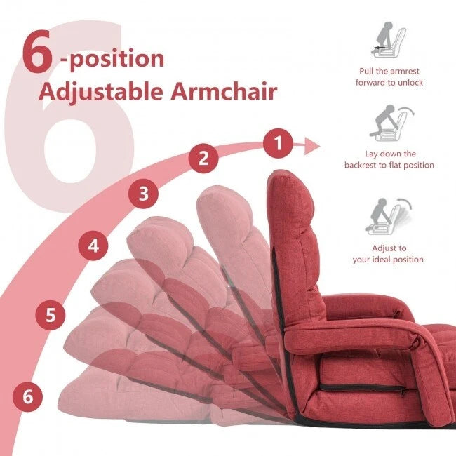 Fauteuil de sol pliable et réglable avec accoudoirs, coussin lombaire, rouge