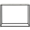 Console moderne mince avec plateau aspect marbre blanc et cadre en métal noir