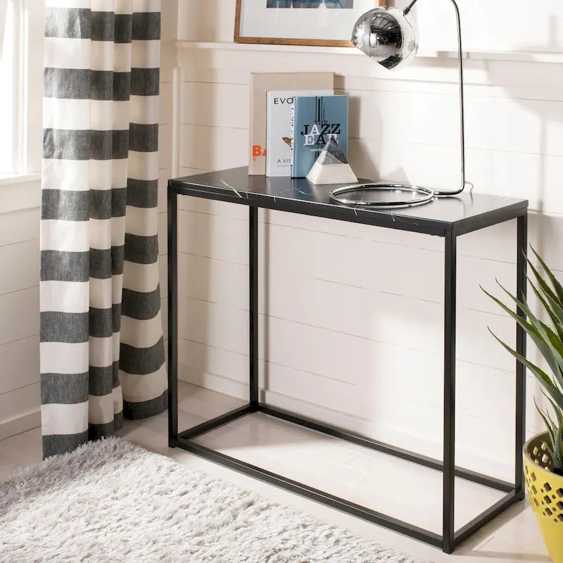 Console moderne mince avec plateau aspect marbre blanc et cadre en métal noir