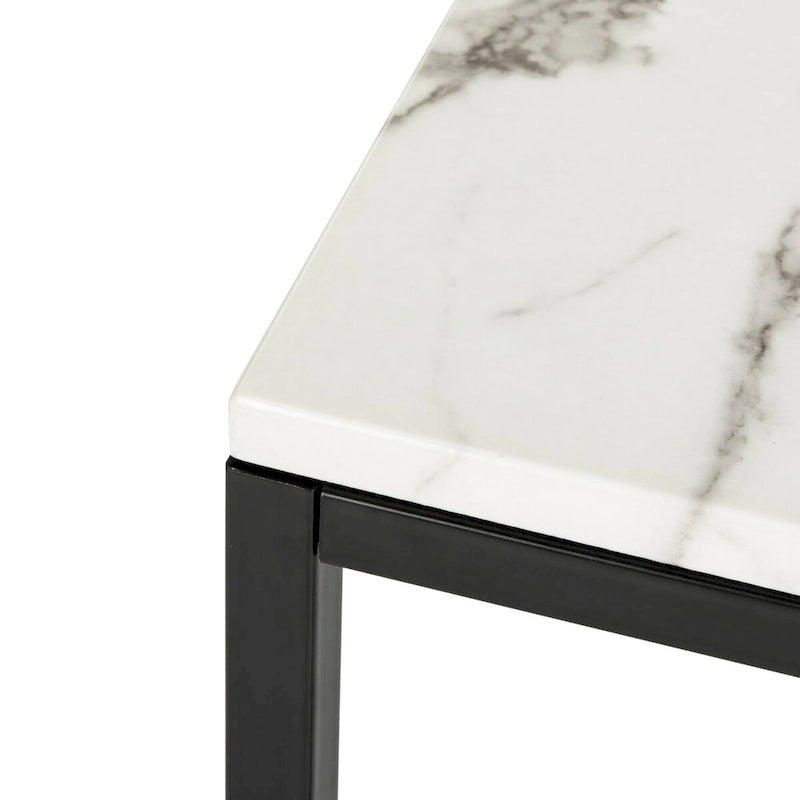Console moderne mince avec plateau aspect marbre blanc et cadre en métal noir