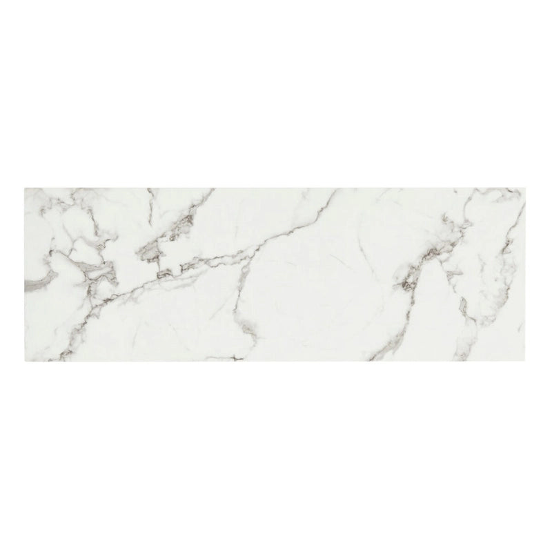Console moderne mince avec plateau aspect marbre blanc et cadre en métal noir