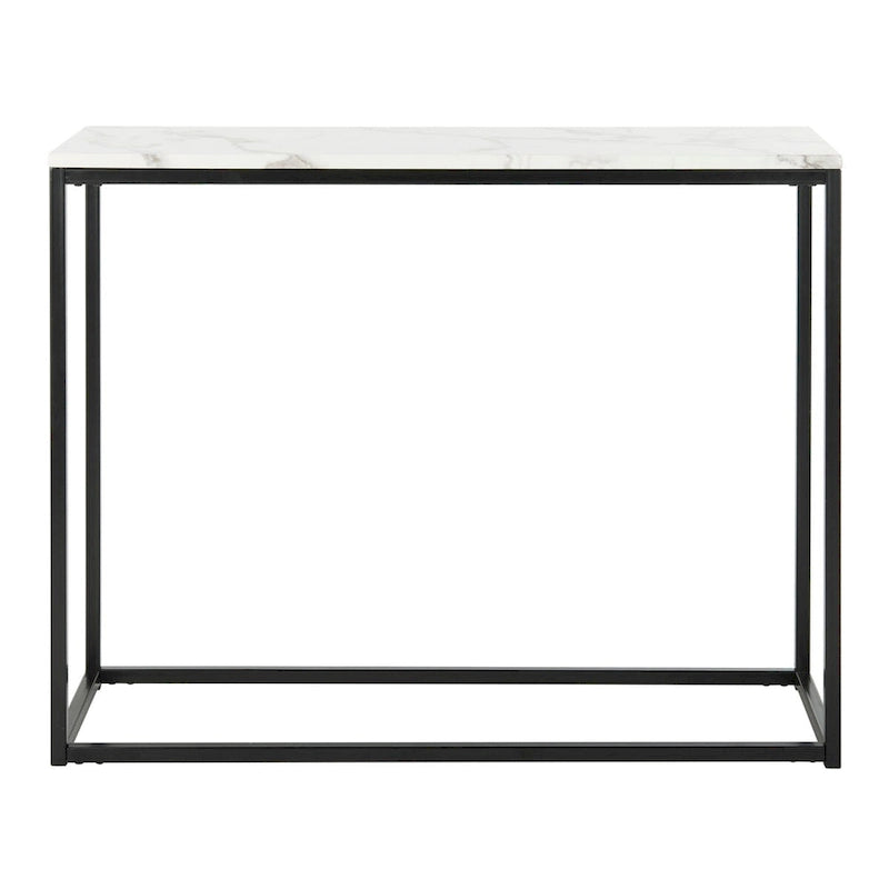Console moderne mince avec plateau aspect marbre blanc et cadre en métal noir
