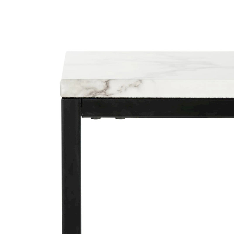 Console moderne mince avec plateau aspect marbre blanc et cadre en métal noir