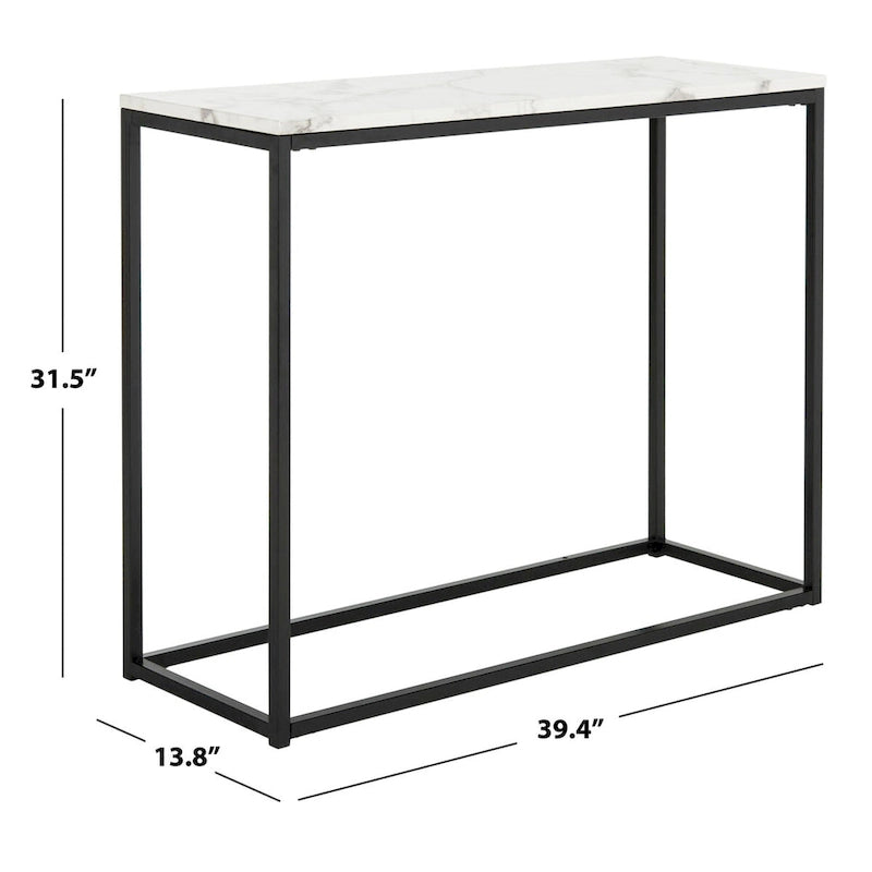 Console moderne mince avec plateau aspect marbre blanc et cadre en métal noir