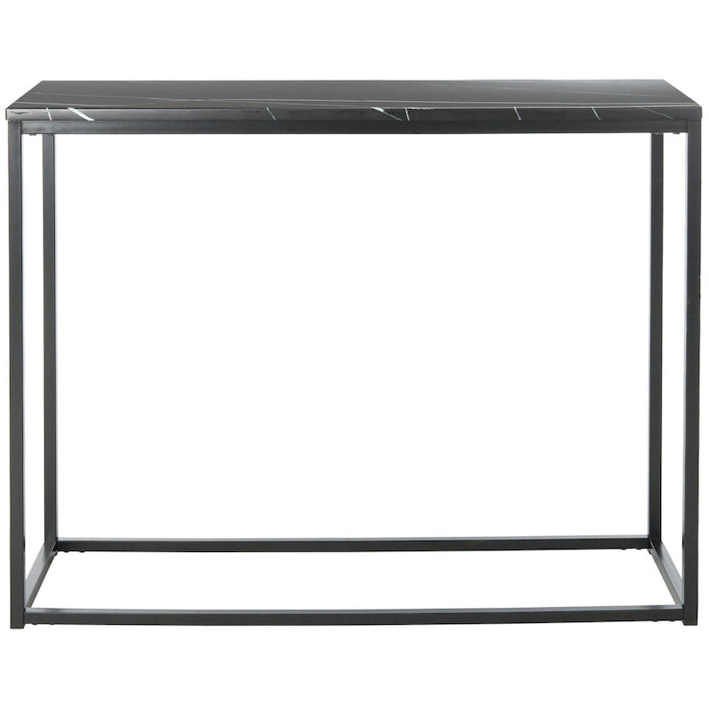 Console moderne mince avec plateau aspect marbre blanc et cadre en métal noir