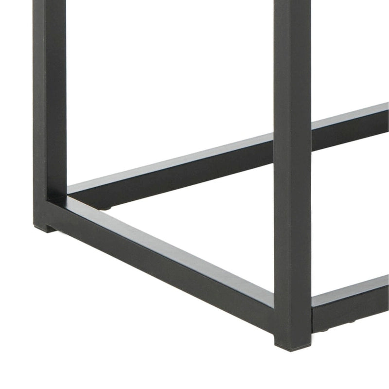 Console moderne mince avec plateau aspect marbre blanc et cadre en métal noir
