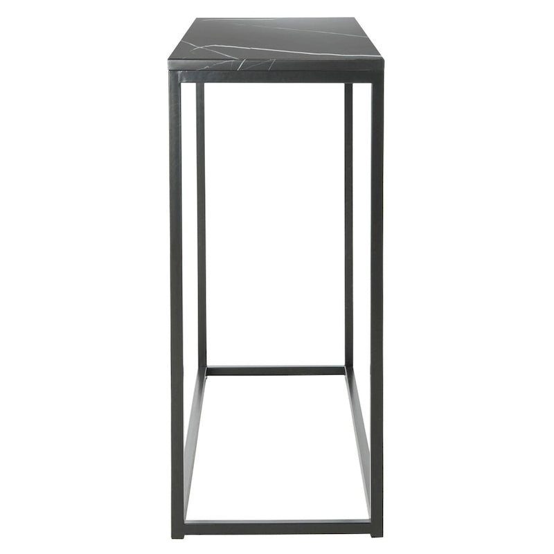 Console moderne mince avec plateau aspect marbre blanc et cadre en métal noir