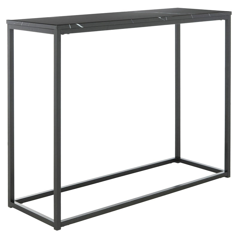 Console moderne mince avec plateau aspect marbre blanc et cadre en métal noir
