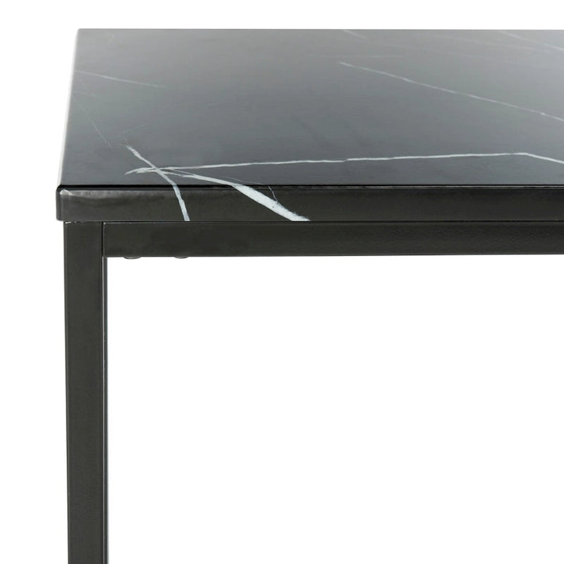 Console moderne mince avec plateau aspect marbre blanc et cadre en métal noir