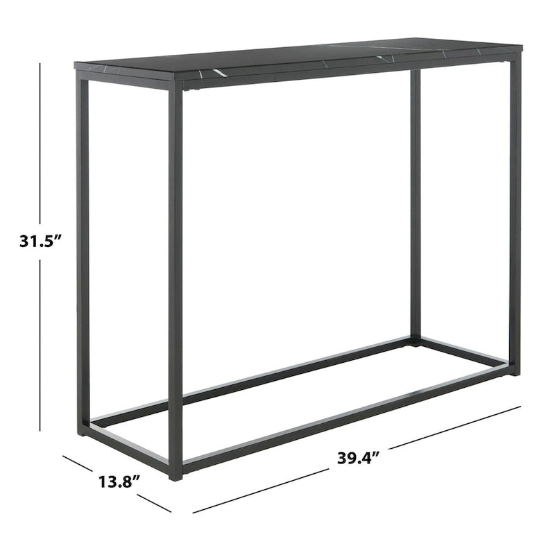 Console moderne mince avec plateau aspect marbre blanc et cadre en métal noir
