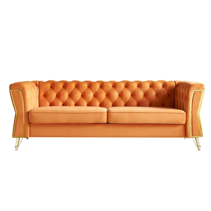 Tufted Velvet Chesterfield Sofa with Gold Metal Legs Orange